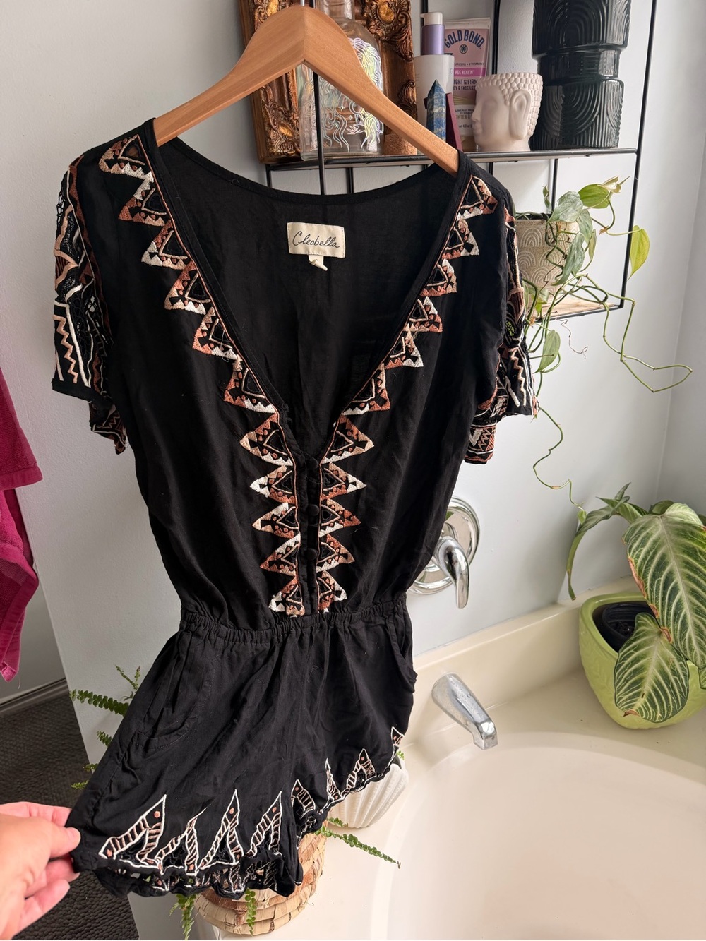 Cleobella Black Embroidered Button Front Romper Boho Festival Small